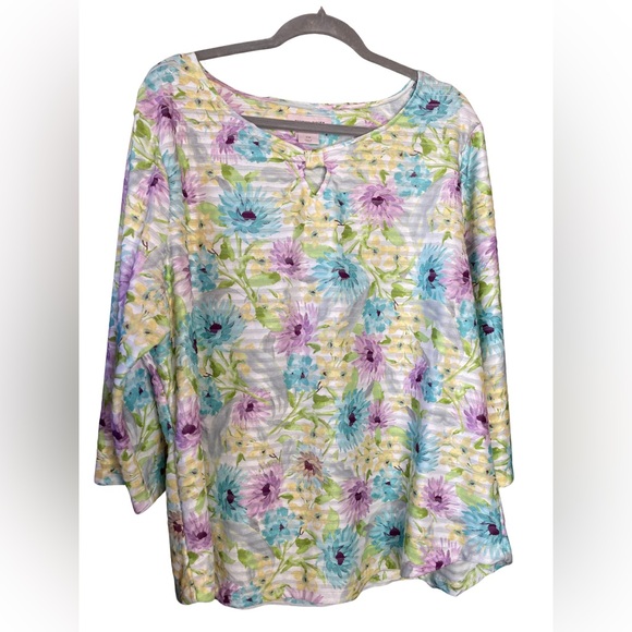 Allison Daley Tops - Allison Daley Pastel Floral Scoop Neck Tunic Blue, Lavender & Yellow P2P27”L:27”